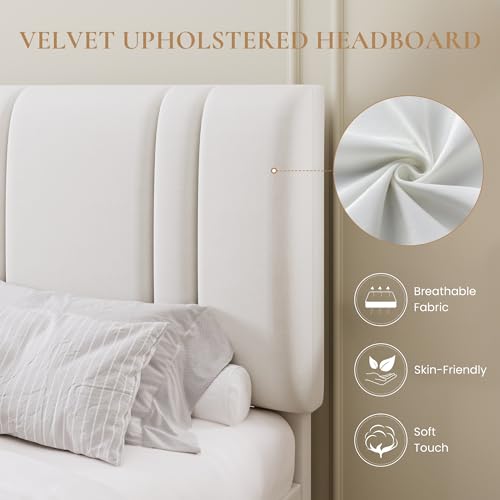 Queen Size Velvet Bed Frame with Adjustable Headboard, White