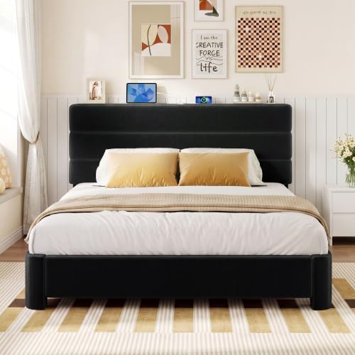 Queen Size Platform Bed Frame with Velvet Upholstered Headboard