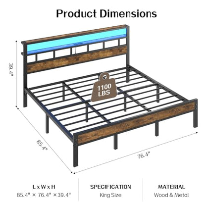 King Bed Frame with Charging Station and LED, Metal Platform Bed