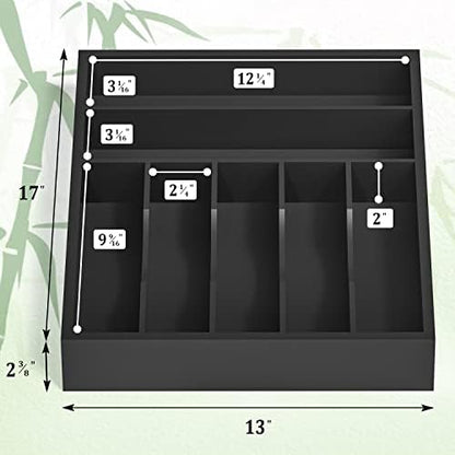 Utensil Organizer Silverware Drawer Organizer - 7 Slots Bamboo Silverware Tray For Kitchen Cutlery Office Supplies Makeup Desk Storage Garage Tool Organization W13”x L17” (Black)