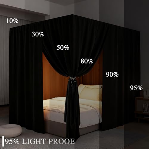 Black Canopy Bed Curtain 4 Corner Post Bed Curtains, Queen