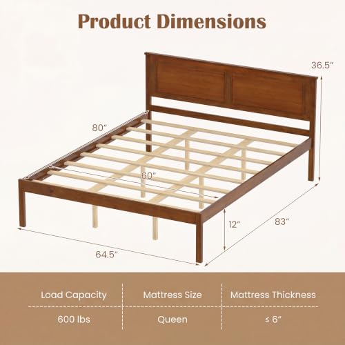 Queen Size Bed Frame, Farmhouse Wooden Platform Bed with Headboard