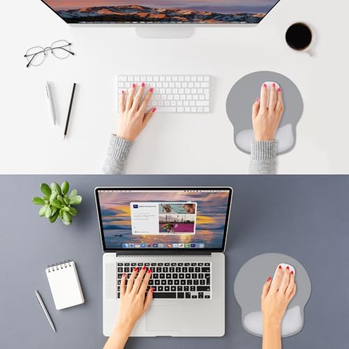 ITNRSIIET Ergonomic Mouse Pad with Wider Memory Foam Wrist Rest +17%, Curved Cushion Reduces Pressure 20%, Pain Relief, Non-Slip, Smooth, Cute Color Desk Accessory, 9.85 x 9 inch, Light Gray Accent