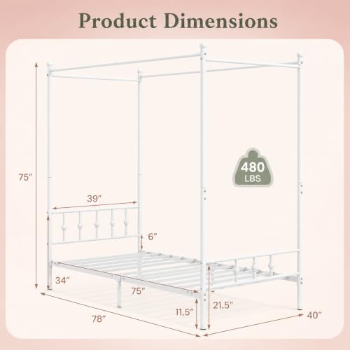 Twin Canopy Bed Frame with Headboard and Footboard (White)