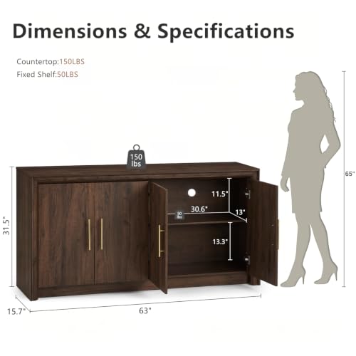 63" Sideboard Buffet Cabinet, Beveled Profile Design, Walnut
