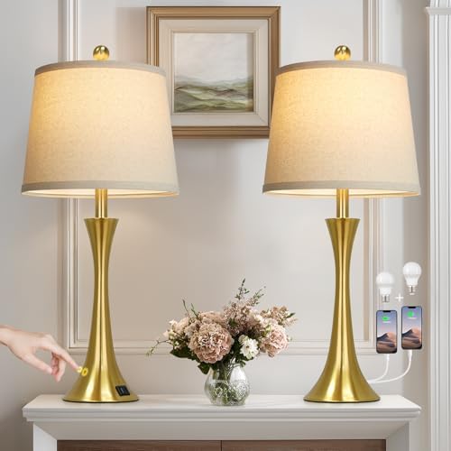 Rinweey 27.5" Gold Lamps Set of 2, Touch Control 3-Way Dimmable Bedside Nightstand Lamps Bedroom Lamp,Modern Gold Table Lamp with USB A+C Ports,Tall Lamps for Living Room End Table Home Office
