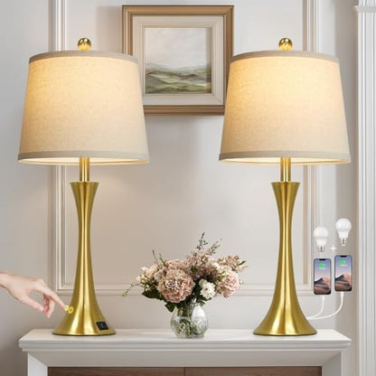 Rinweey 27.5" Gold Lamps Set of 2, Touch Control 3-Way Dimmable Bedside Nightstand Lamps Bedroom Lamp,Modern Gold Table Lamp with USB A+C Ports,Tall Lamps for Living Room End Table Home Office