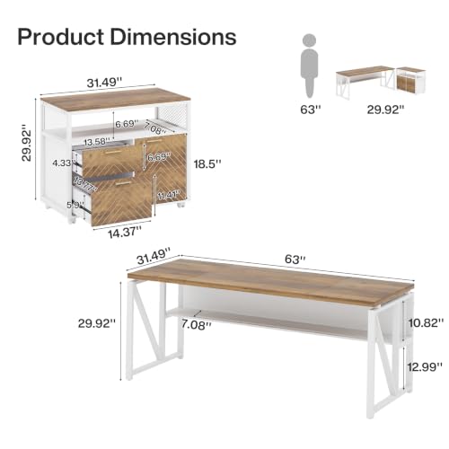 63" Executive Desk with Drawer Cabinet, L-Shaped Desk, Walnut