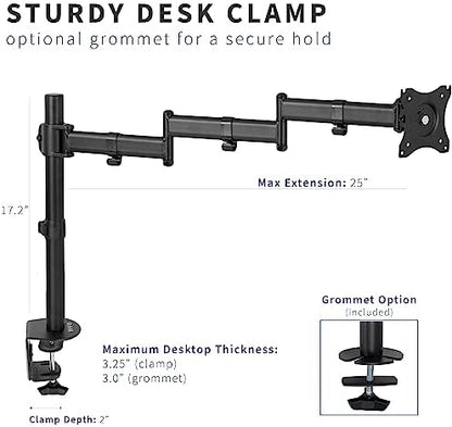 VIVO Single 13 to 32 inch Computer Monitor Desk Mount, Extra Long Adjustable Arm, VESA Stand for 1 Screen, Max VESA 100x100, Black, STAND-V101N