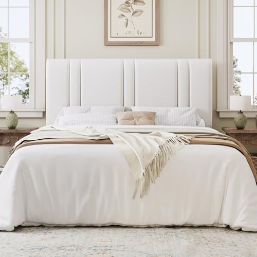 Queen Size Velvet Bed Frame with Adjustable Headboard, White