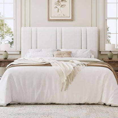 Queen Size Velvet Bed Frame with Adjustable Headboard, White