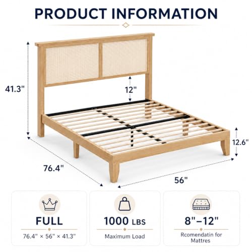 Full Size Wood Bed Frame with LED Light and Rattan Headboard