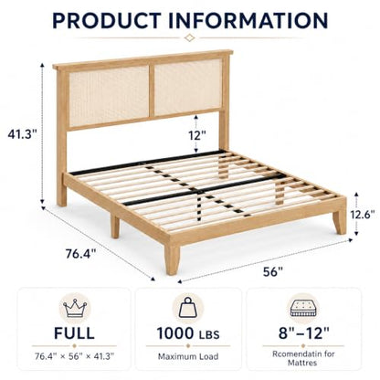 Full Size Wood Bed Frame with LED Light and Rattan Headboard