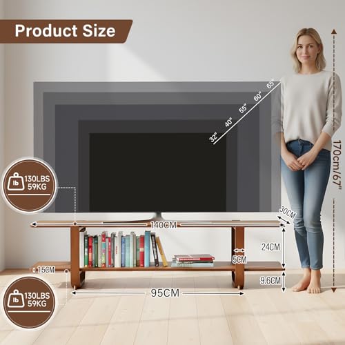 Walnut TV Stand for 65-Inch TVs, 2 Open Shelves, Modern Media Console