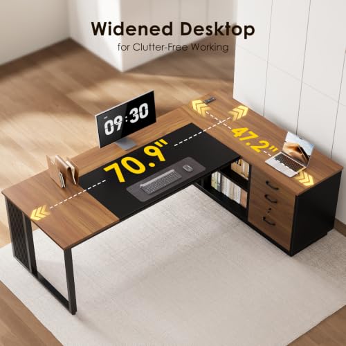 Executive 71 Inch L Shaped Desk with File Cabinet, Walnut+Black