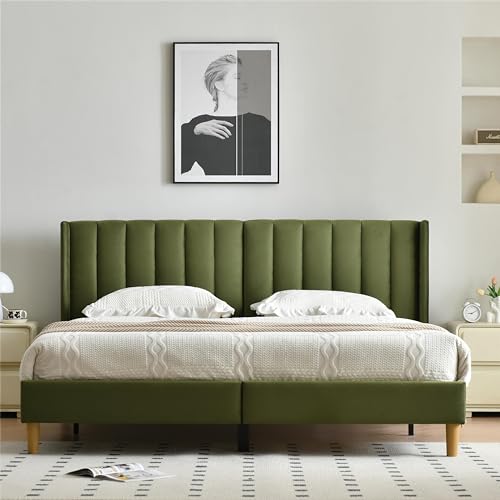 King Bed Frame，Platform Bed with Upholstered Headboard，Grass Green