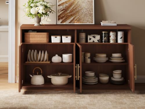 63" Wide Fluted Buffet Cabinet with Open Storage Shelf, Walnut