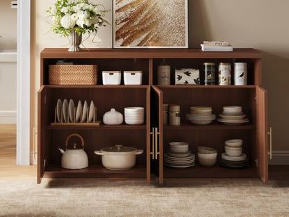 63" Wide Fluted Buffet Cabinet with Open Storage Shelf, Walnut