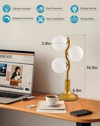 Lightdot Gold Globe Table Lamp Dimmable Modern Ball Lamp 3 Bulbs Included