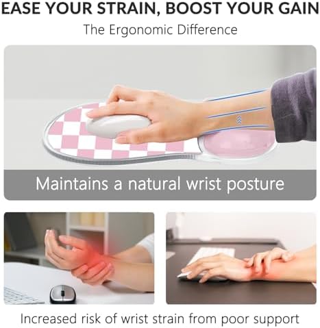 Gel Mouse Pad with Wrist Rest for Mouse Ergonomic Mouse Wrist Rest Non-Slip Silicone Checkered Mousepad with Wrist Support for Computer Desk Gaming Laptop Home Office Desk Accessories Pink Plaid