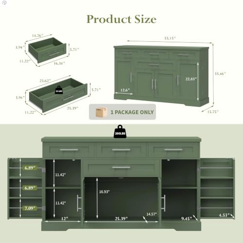 54" Sideboard Cabinet, Kitchen Buffet Cabinet with Storage, Olive Green
