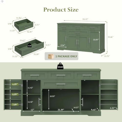 54" Sideboard Cabinet, Kitchen Buffet Cabinet with Storage, Olive Green