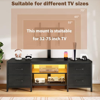TV Stand with Mount for 75 Inch TV, w/LED & Outlets, 59'' Black