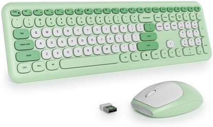 surmen Green Keyboard and Mouse Wireless, Cute Wireless Typewriter Keyboard, Full Size Slim Silent Round Keys Aesthetic for Home and Office(Colorful Green)