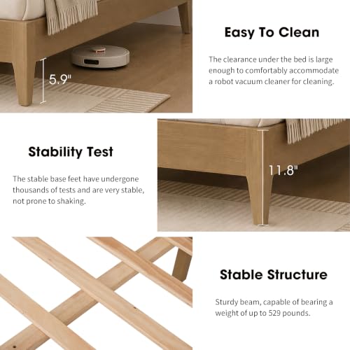 Queen Bed Frame with Wave Headboard, Solid Wood Legs, Oak