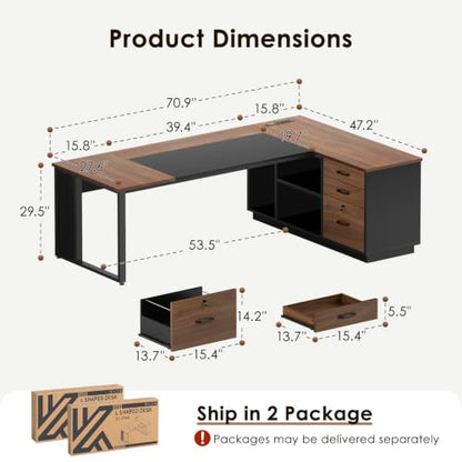 Executive 71 Inch L Shaped Desk with File Cabinet, Walnut+Black