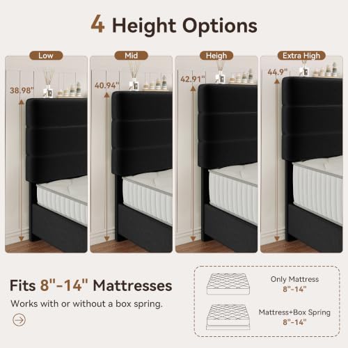 Queen Size Platform Bed Frame with Velvet Upholstered Headboard