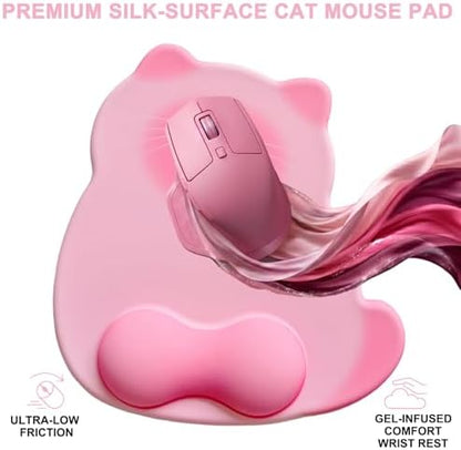 Gel Mouse Pad with Wrist Rest for Mouse Ergonomic Cat Mouse Wrist Rest Non-Slip Silicone Cute Mousepad with Wrist Support for Computer Desk Gaming Laptop Home Office Desk Accessories Pink