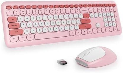 surmen Cute Wireless Keyboard and Mouse Combo, Pink Wireless Keyboard with Silent Mouse, Full Size Slim Low-Noise Soft Touch Round Keys for Home and Office,（6-Pink）