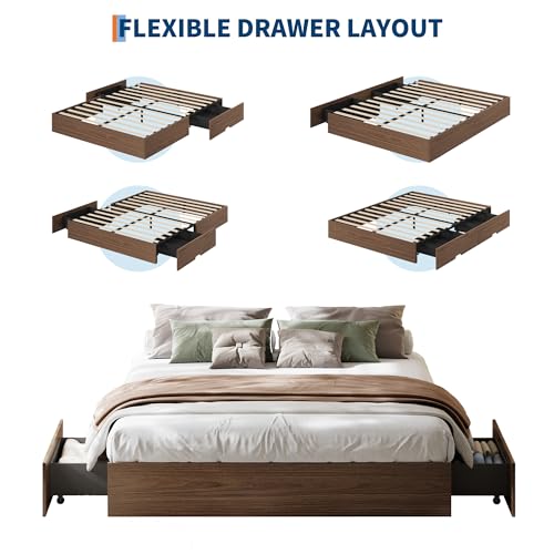 Wood Platform Bed Frame, King Bed Frame with 2 Drawers