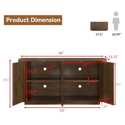 64" Fluted Buffet Cabinet with Storage, Walnut Sideboard Cabinet