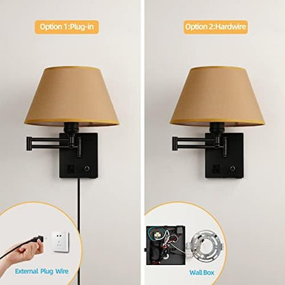 Swing Arm Wall Sconces, Plug-in Wall lamp,Bedroom Wall lamp ， White Fabric Shade with dimmable Switch and USB Charging Port,Suitable for Bedside,Living Room,Reading (Black. Gold Shadow)