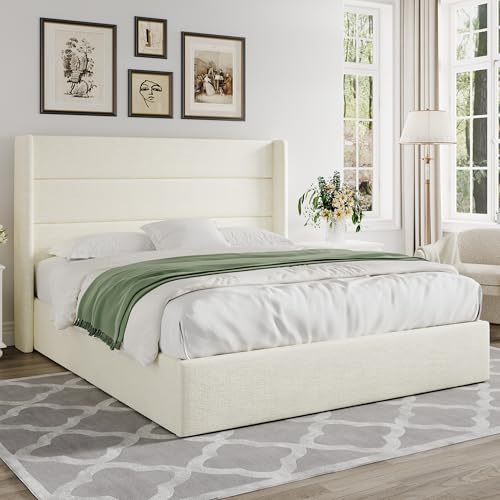 Queen Size Chenille Lift Up Hydraulic Storage Bed Frame Cream White