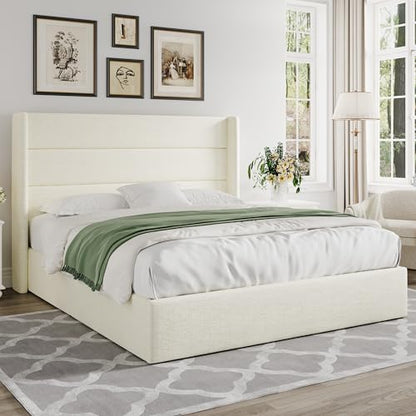 Queen Size Chenille Lift Up Hydraulic Storage Bed Frame Cream White
