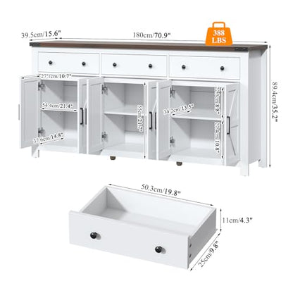 71" Large Sideboard Buffet Cabinet with Storage, Modern Farmhouse Coffee Bar with 3 Drawers and 6 Barn Doors, Dining Room Storage Cabinet, for Kitchen, Living Room, White Wood