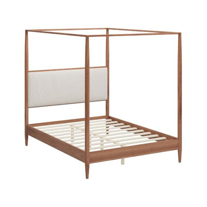 Queen Size Wood Canopy Bed with Upholstered Headboard, Walnut