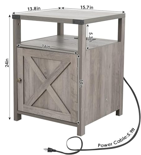 Farmhouse Nightstand Set of 2 with Storage, Rustic End Table, Grey