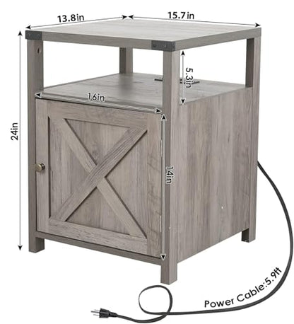 Farmhouse Nightstand Set of 2 with Storage, Rustic End Table, Grey
