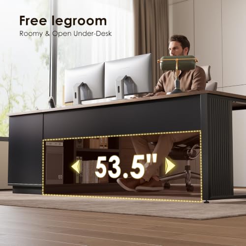 Executive 71 Inch L Shaped Desk with File Cabinet, Walnut+Black