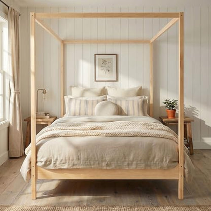 Wooden Canopy Bed with Four Posters, King Size Canopy Bed Frame & 8.3" Storage Space Under Bed, Solid Wood Slats Support, No Box Spring Needed, Easy Assembly, Natural