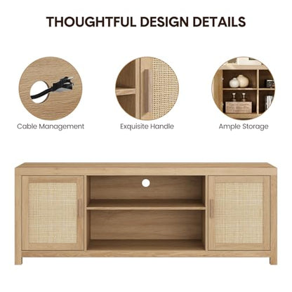 Rattan TV Stand 66In for 75 inch Natural Oak