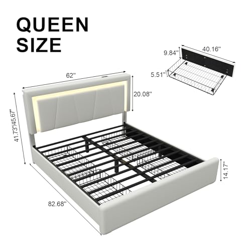 Queen Size Bed Frame with 4 Storage Drawers, LED Light, White Upholstered