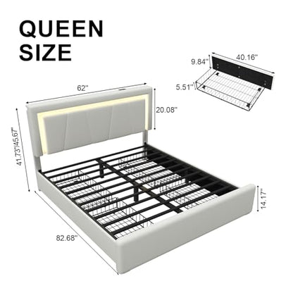 Queen Size Bed Frame with 4 Storage Drawers, LED Light, White Upholstered