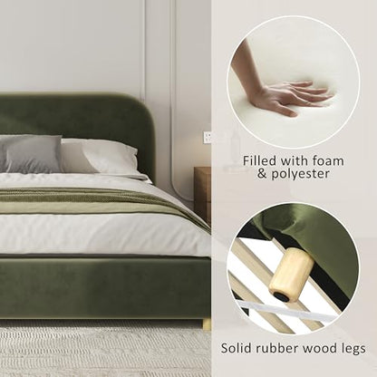 Queen Velvet Fabric Platform Bed with Curved Headboard, Olive Green