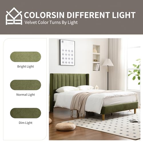 King Bed Frame，Platform Bed with Upholstered Headboard，Grass Green