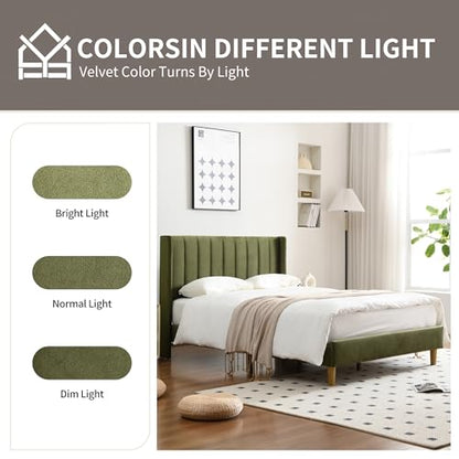 King Bed Frame，Platform Bed with Upholstered Headboard，Grass Green